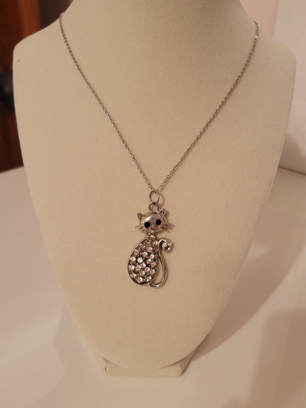 Silver Cat Pendant Necklace with Crystal Accents